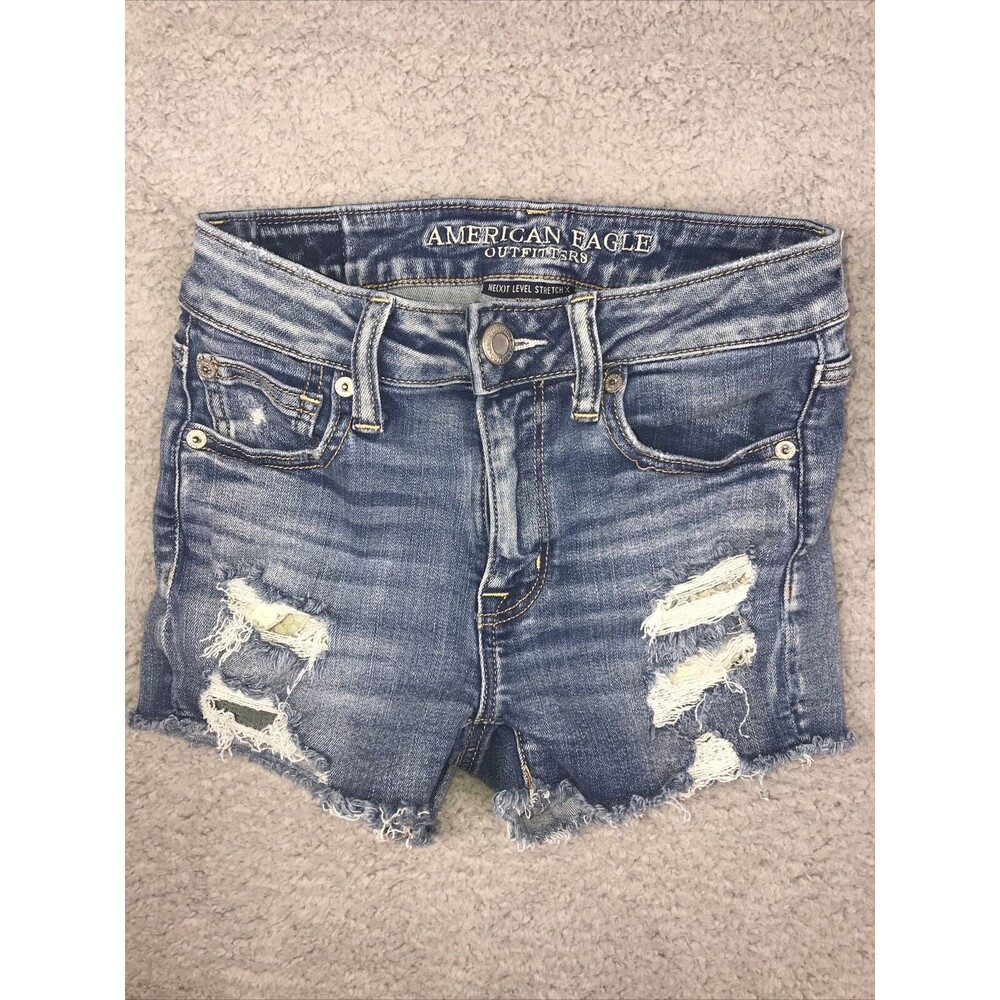 American Eagle Women Shorts 0 Blue Jean Denim Distressed Cutoff Inseam 2"